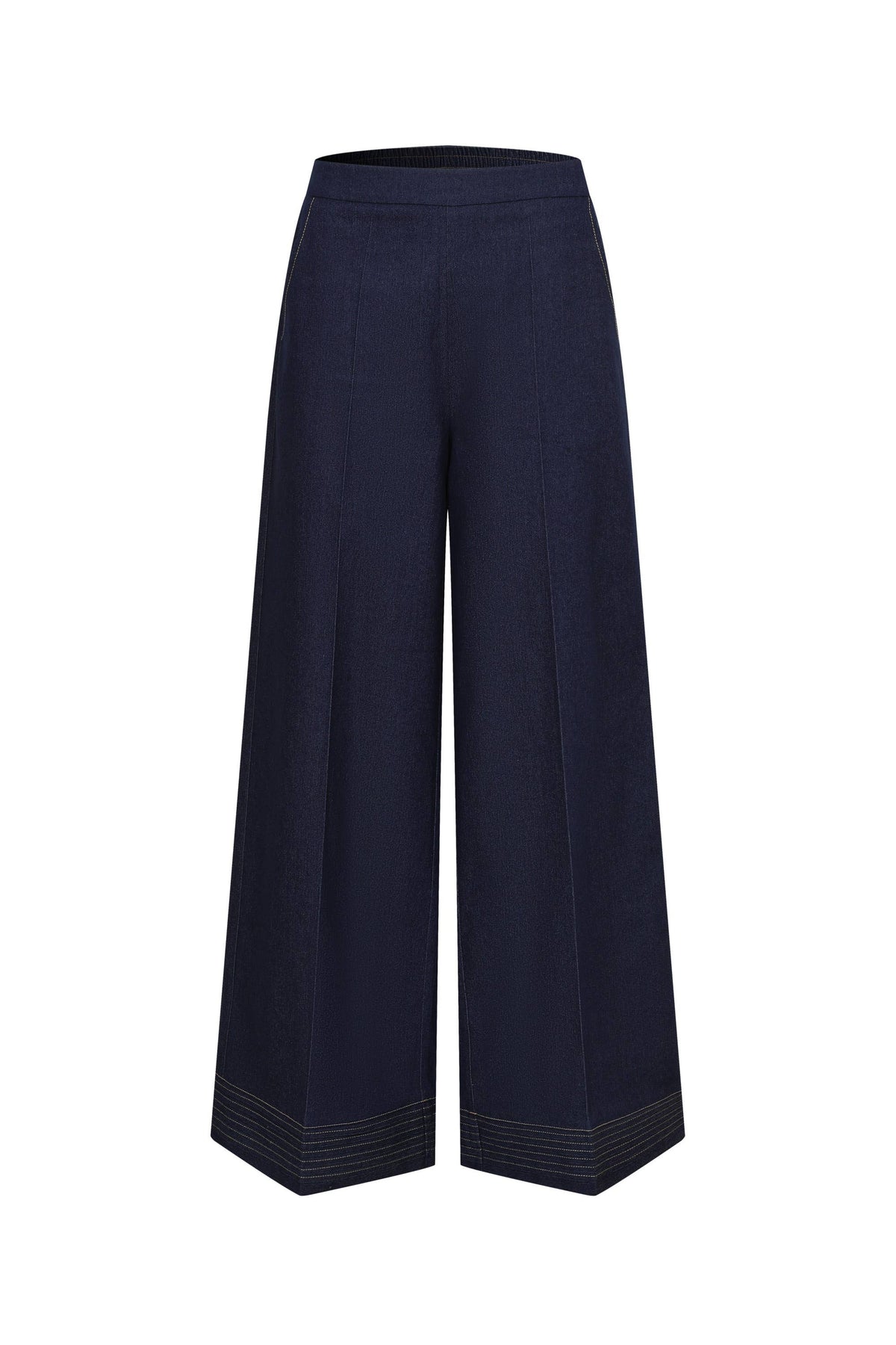 Navy blue wide-leg pants on a white background