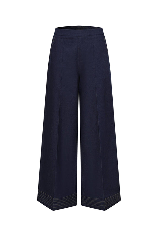 Navy blue wide-leg pants on a white background